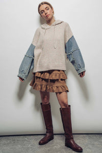 Snowfall Patchwork Hoodie – Mixed-Media Knit & Denim Sleeve Pullover | Northern Belle Boutique