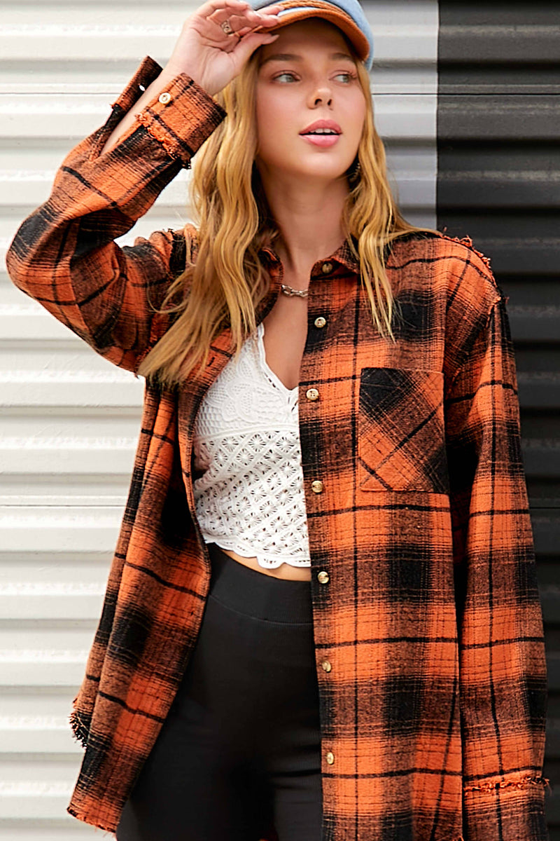 Rowan Mineral Wash Plaid Flannel Shacket with Raw Edge Details