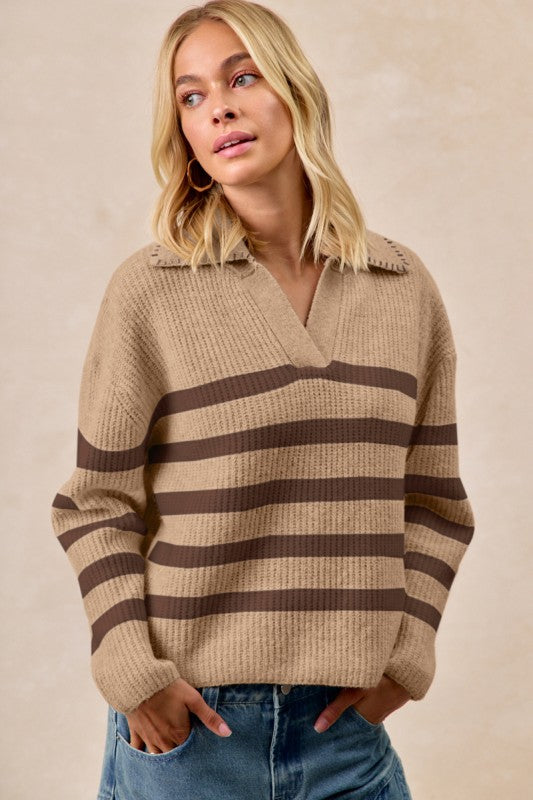 The Laurel Striped Collared Sweater Knit Pullover
