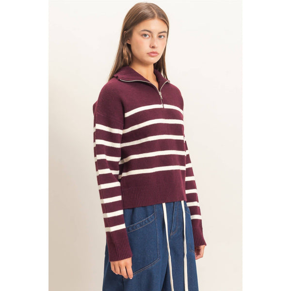 Varsity Stripe Quarter Zip Sweater: Dark Cherry
