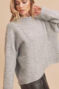 Ryleigh Patchwork Mock Neck Sweater: Heather Grey – Cozy Oversized Winter Knit