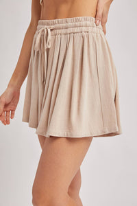The Alaina Flowy Drawstring Shorts: Oatmeal – Soft Pleated Skort-Style Fit