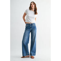 MICA "Camille" Mid Rise Wide Leg Trouser Hem Jeans: Medium Wash