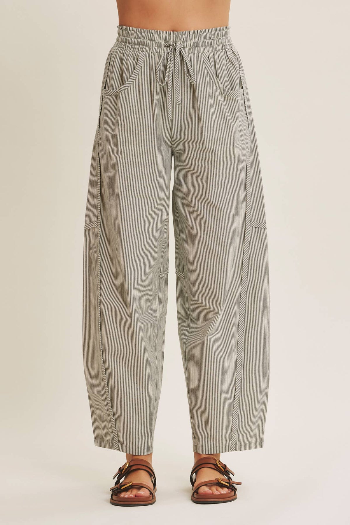 ALL ABOUT COMFORT ELASTIC STRIPE COTTON BARREL PANTS: DK. GREEN / L