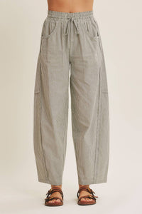 ALL ABOUT COMFORT ELASTIC STRIPE COTTON BARREL PANTS: DK. GREEN / L