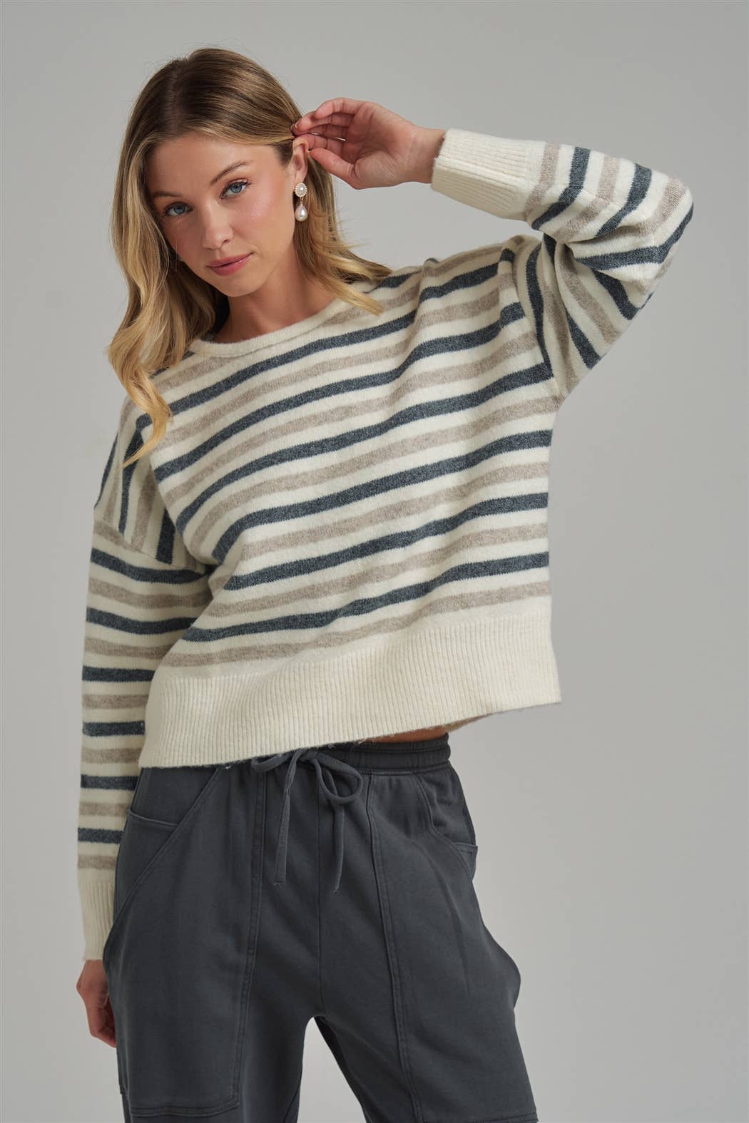 Keeping It Casual Stripe Sweater: Charcoal/ Oatmeal