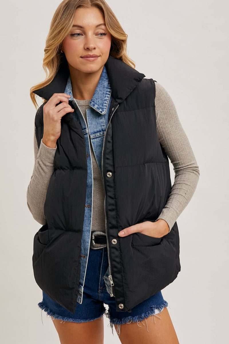 Tori Denim Layered Puffer Vest: Black