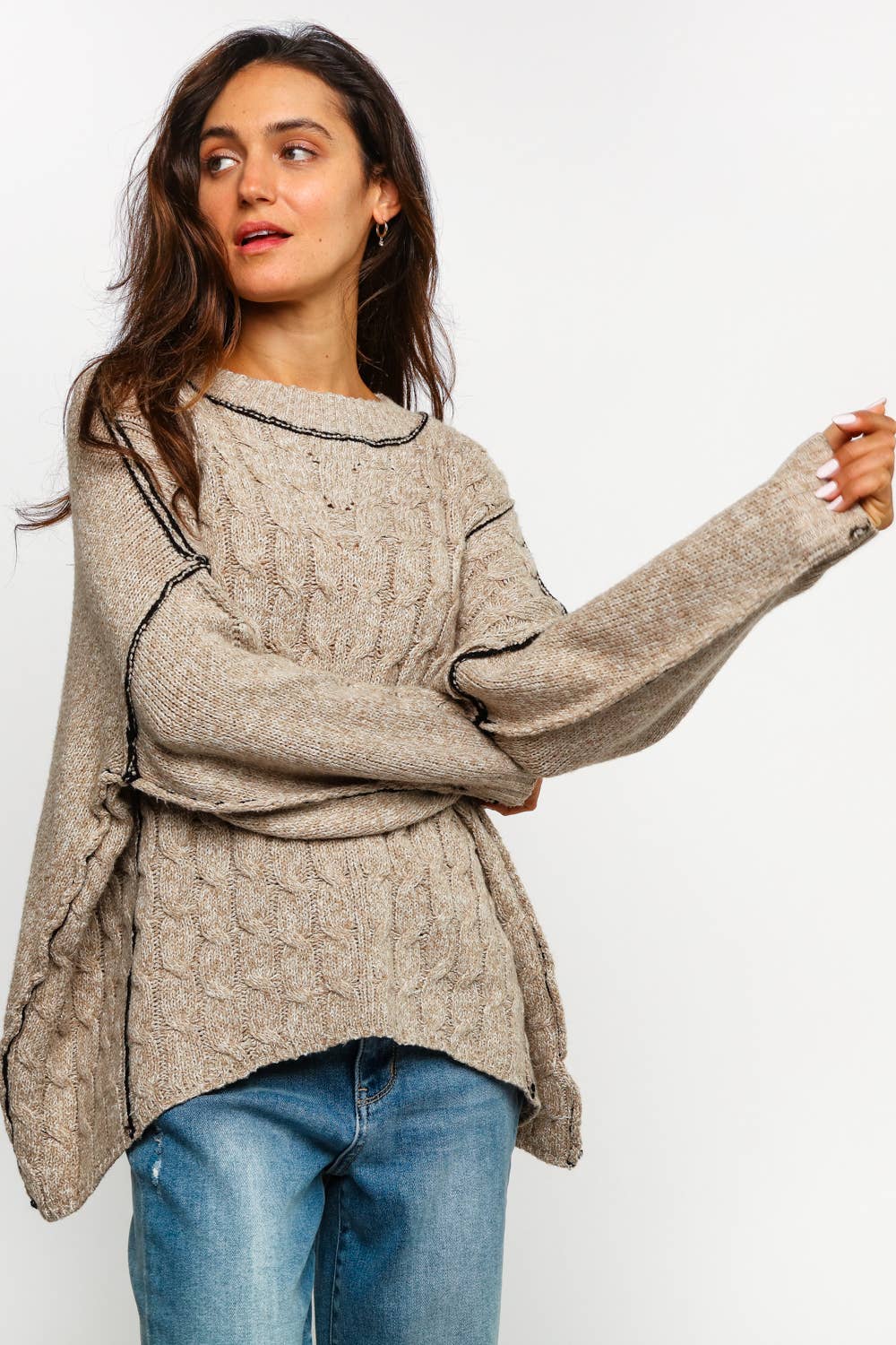 Lanie Color-Stitch Cable Knit Sweater – Oversized Round Neck Pullover | Northern Belle Boutique