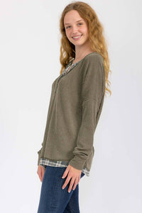 The Wren Plaid Trim Waffle Knit Top – Olive