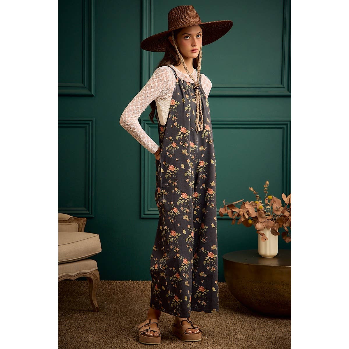 Rosewood Floral Wide Leg Overall Jumpsuit