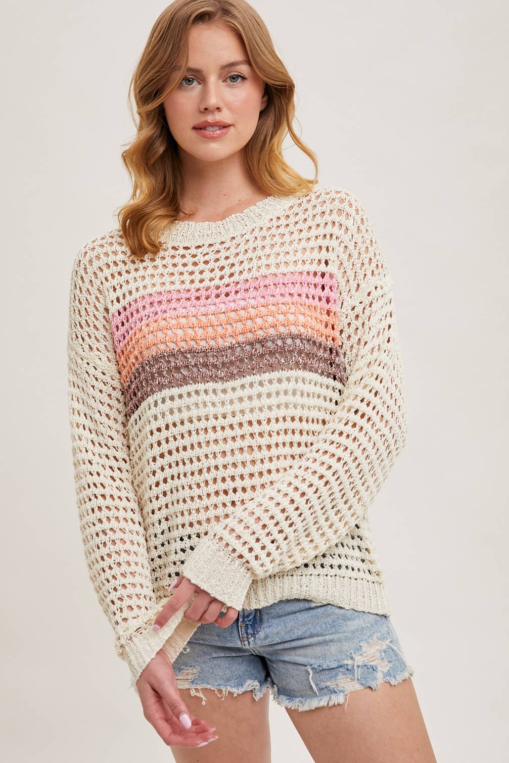 Isla Color Block Open Knit Sweater: Ivory