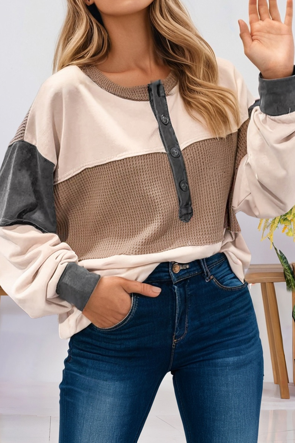 Layla Colorblock Waffle Knit Henley – Patchwork Long Sleeve Top (S-XL)