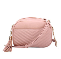 Veronica V-Stitch Tassel Crossbody Bag – Coffee & Stone | Faux Leather Small Purse with Double Zipper Top, Adjustable Strap, Gold Hardware
