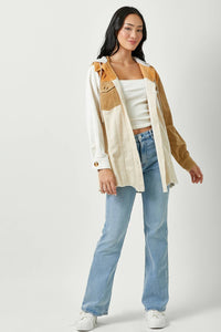 Sadie Color Block Corduroy Hoodie Shacket – Washed Button Down Hi-Low Hem