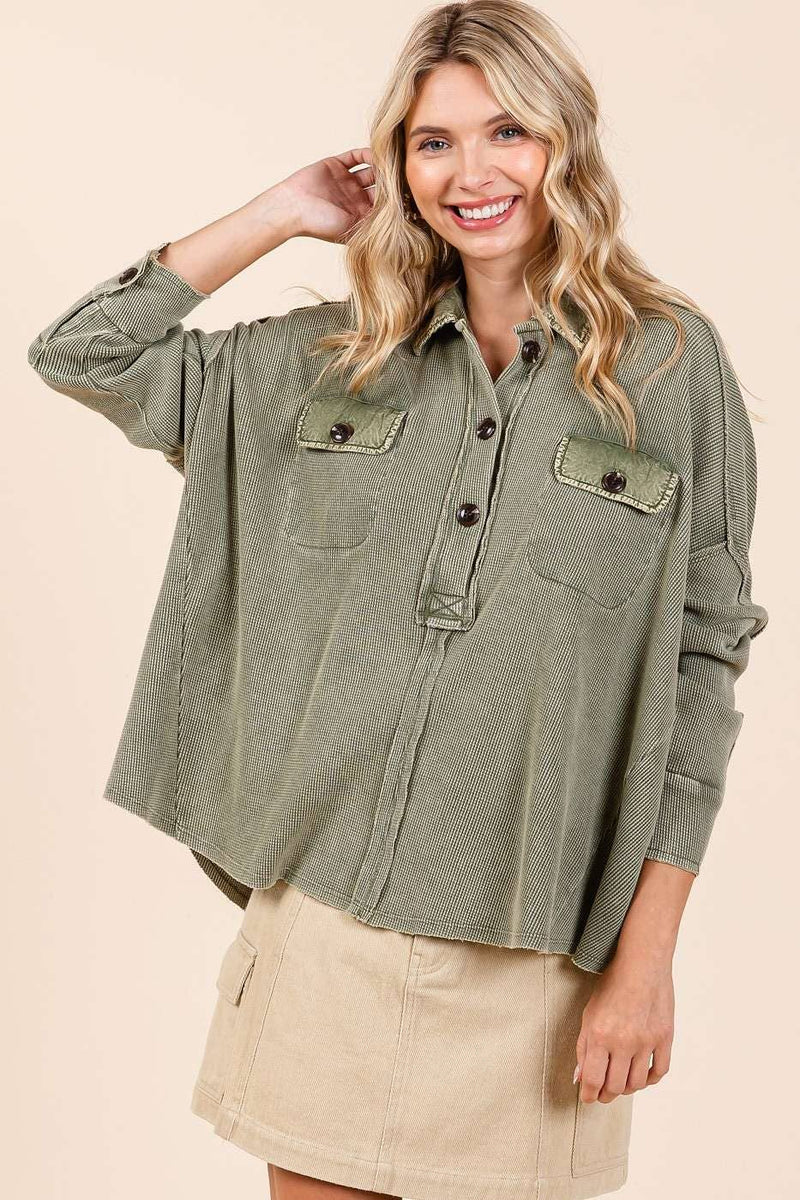 The Rowan Mineral Wash Waffle Knit Top – Olive Green Henley Pullover