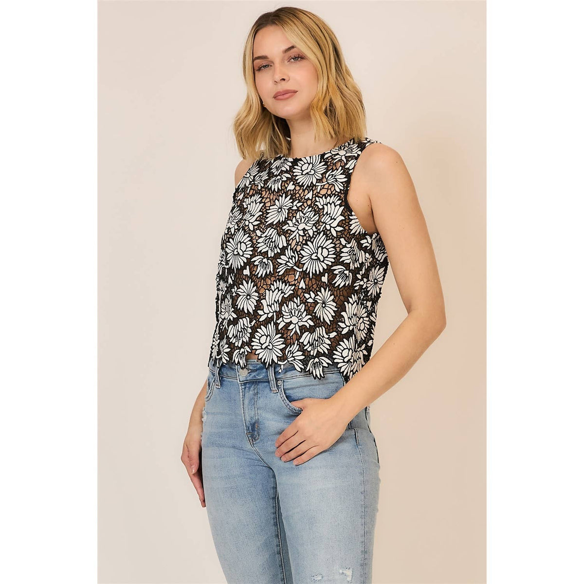 The Celeste Floral Crochet Lace Top: Black.Off White – Monochrome Sleeveless Feminine Blouse