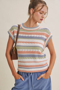 SEASONLESS TRANSITIONAL TEXTURED STRIPE SWEATER VEST: OLIVE MULTI / S
