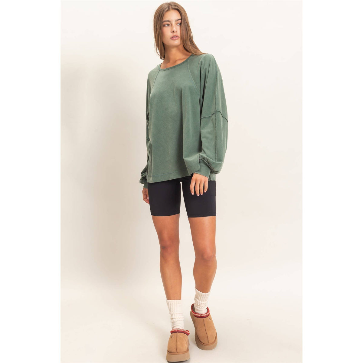 Weekend Ease Snow Wash Raglan Top: Dark Green