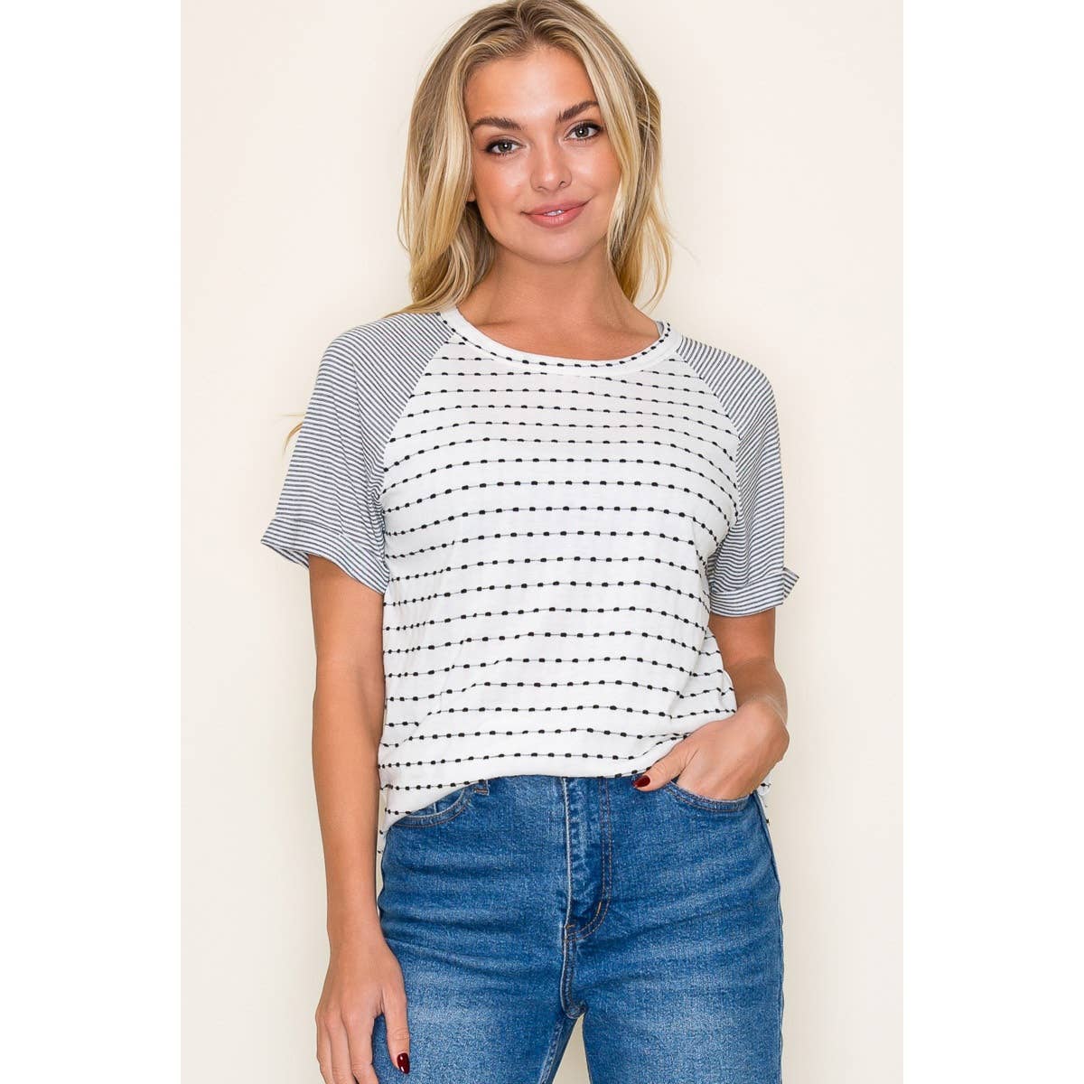 Maddie Ivory & Black Dotted Knit Top | Casual Round Neck Tee