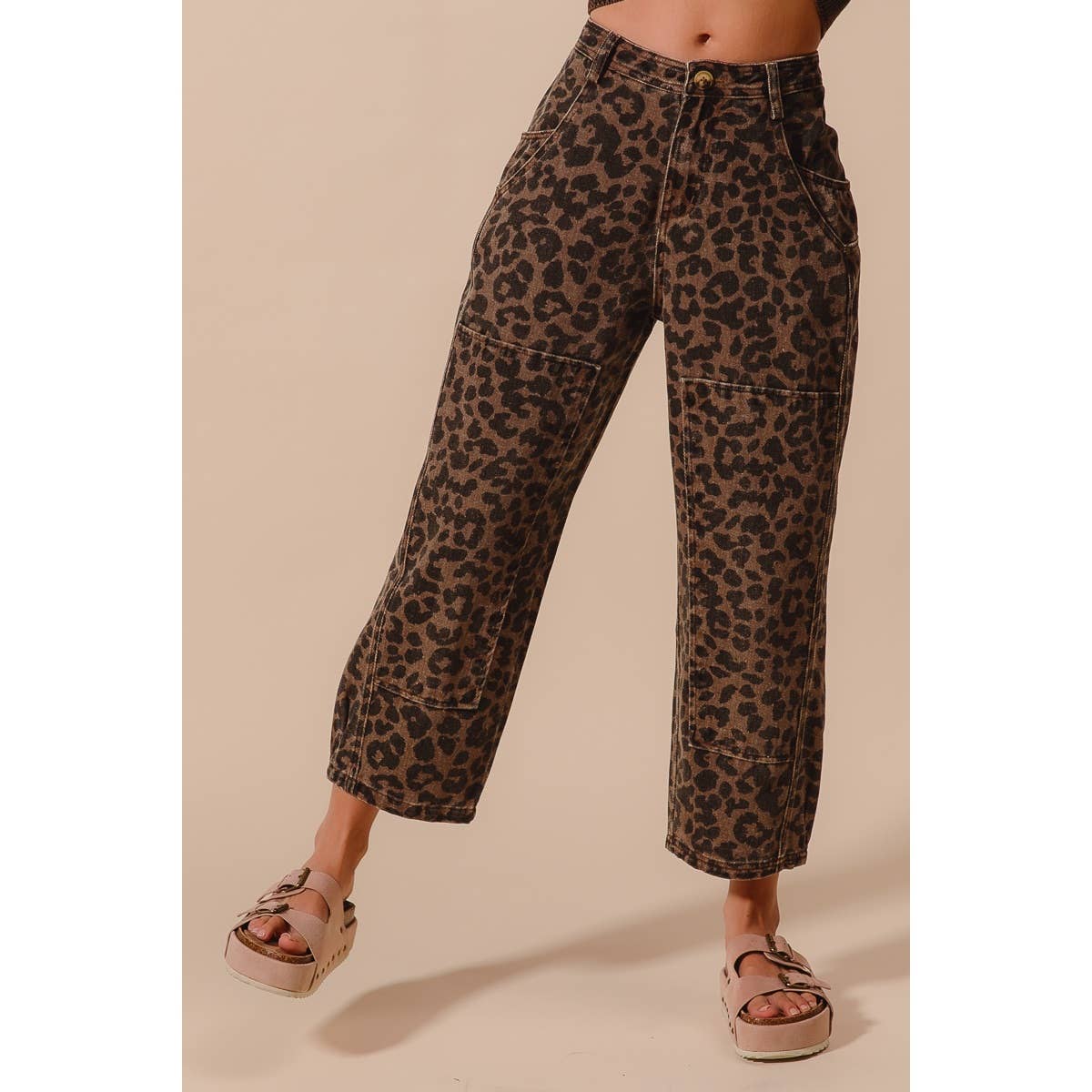 The Wild Side Leopard Barrel Jeans: Mocha