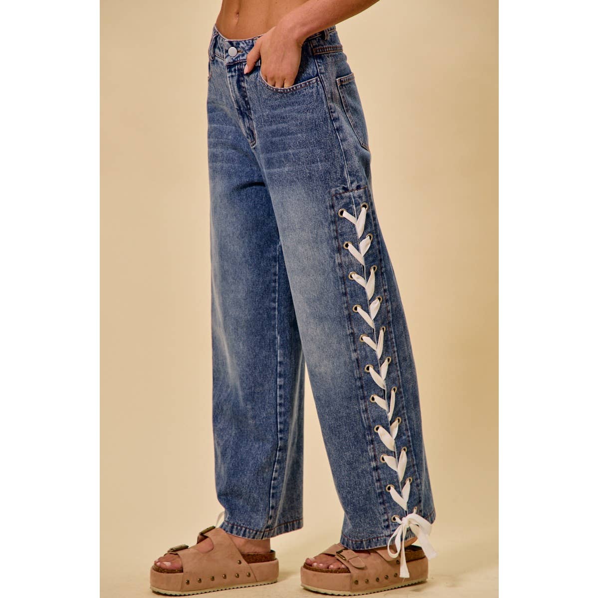 The Lacey Mid Rise Lace-Up Straight Leg Jeans: Medium Wash
