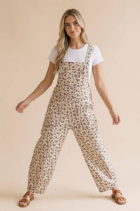 Willow Floral Barrel Leg Overalls: Oatmeal