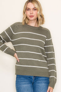 Rosalind Striped Crew Neck Pullover Sweater – Cozy Long Sleeve Knit Top