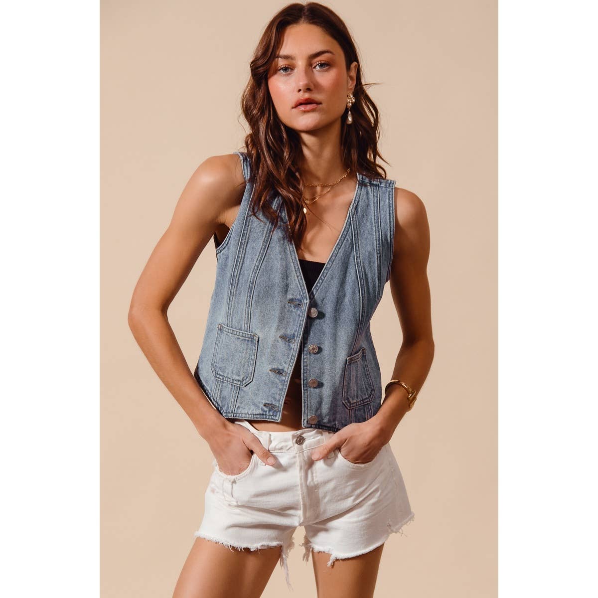The Hudson Denim Vest: Light Wash  – Vintage Wash Button Front Denim Top