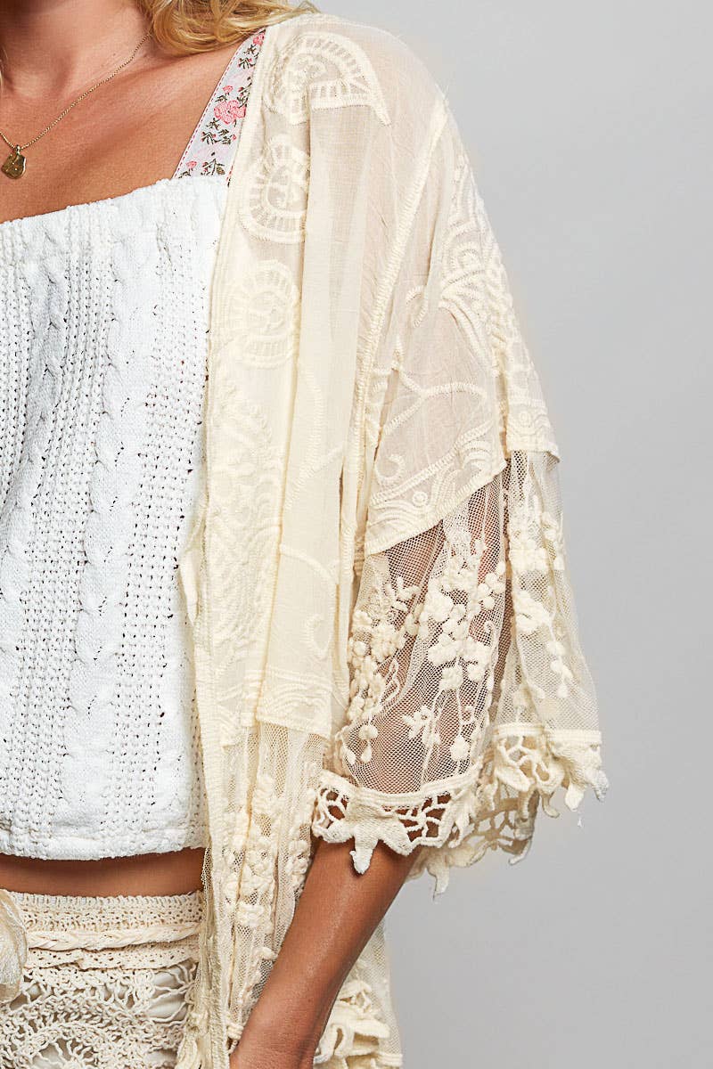 1/2 Sleeve Lace Ruffle Trim Opening Solid Crochet Cardigan: NATURAL / Os