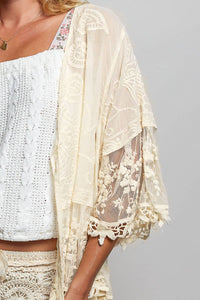 1/2 Sleeve Lace Ruffle Trim Opening Solid Crochet Cardigan: NATURAL / Os