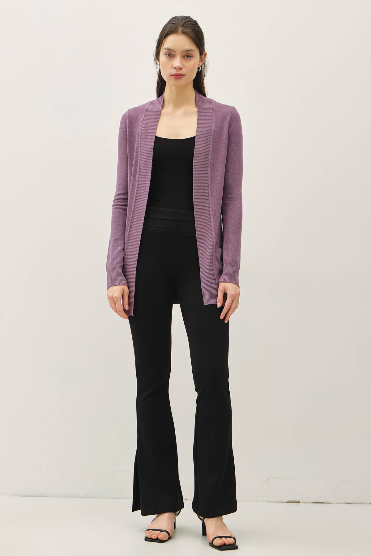 The Tessa Lightweight Open Front Cardigan – Violet, Mocha & Cream