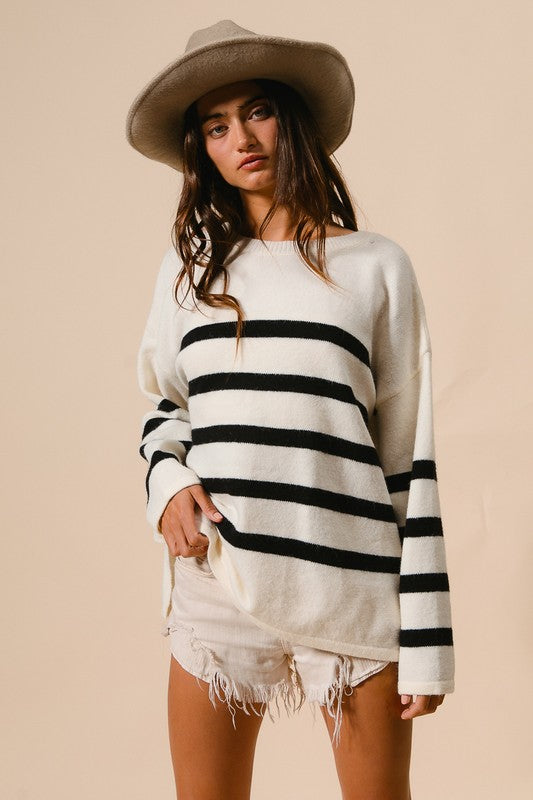 Rae Criss Cross Back Detail Stripe Sweater: Ivory/ Black