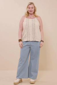 Willow LaneBoho Trim Linen Tank: Oatmeal