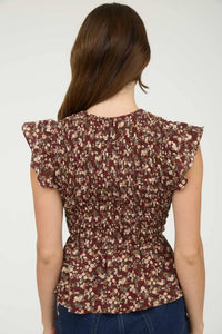 The Willa Smocked Floral Peplum Top – Burgundy Ruffle Sleeve Blouse