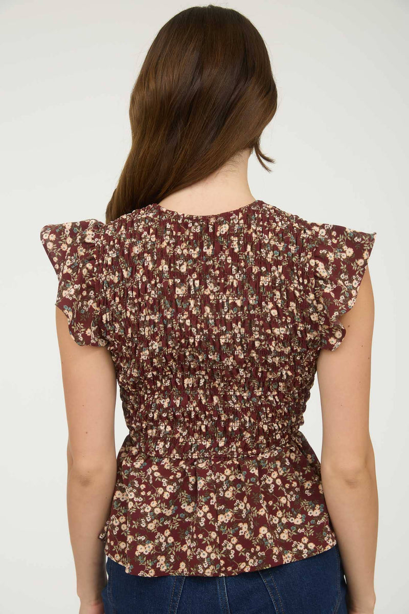 The Willa Smocked Floral Peplum Top – Burgundy Ruffle Sleeve Blouse