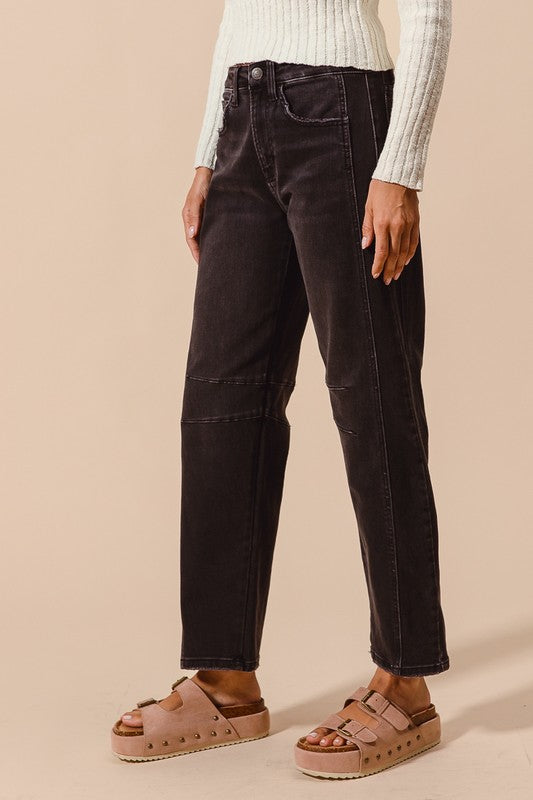 Emery Barrel Leg Jeans – Mid Rise Black Denim with Side Panel Detail