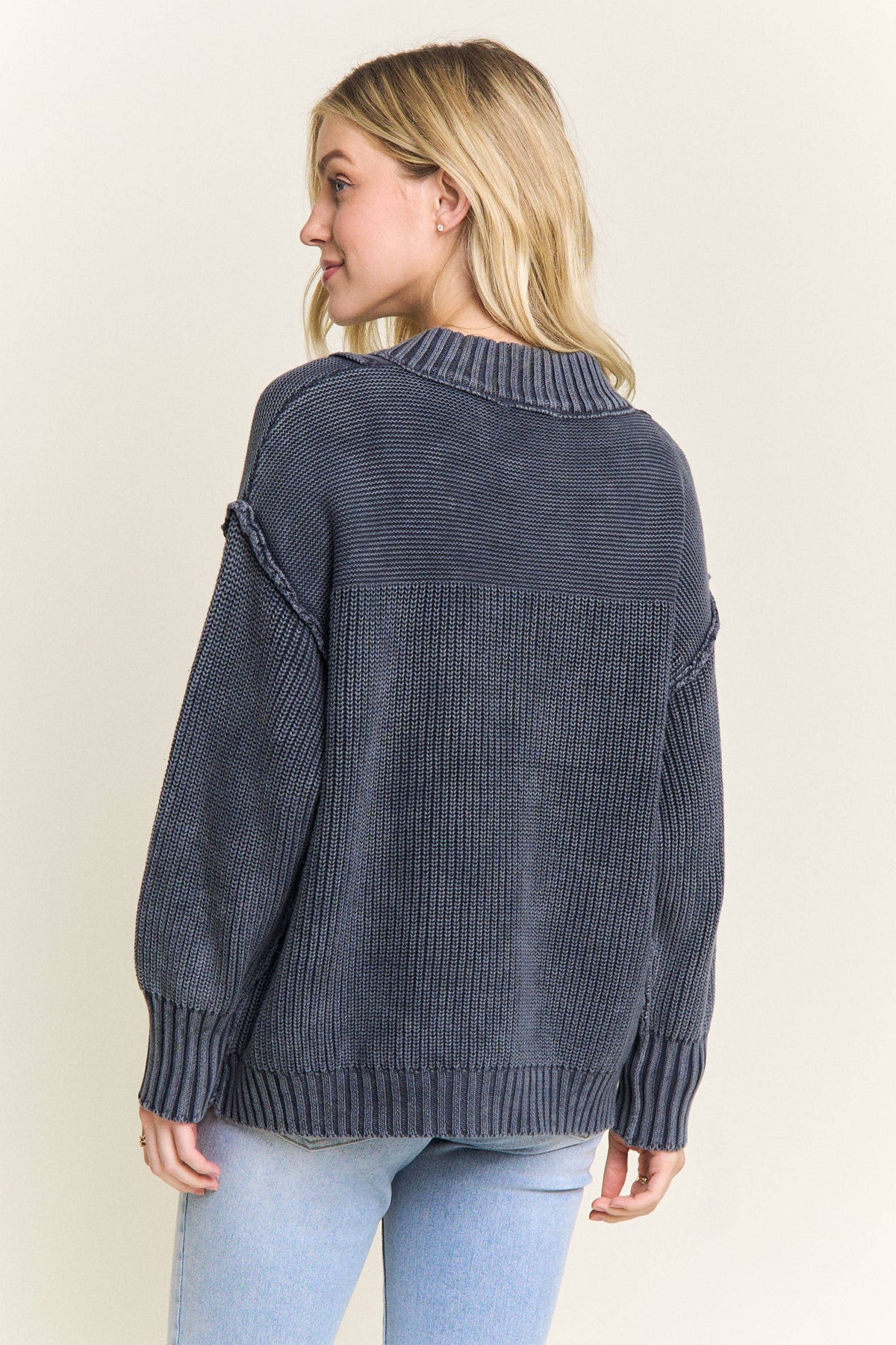 Worth a Look Cotton Henley Sweater: Navy