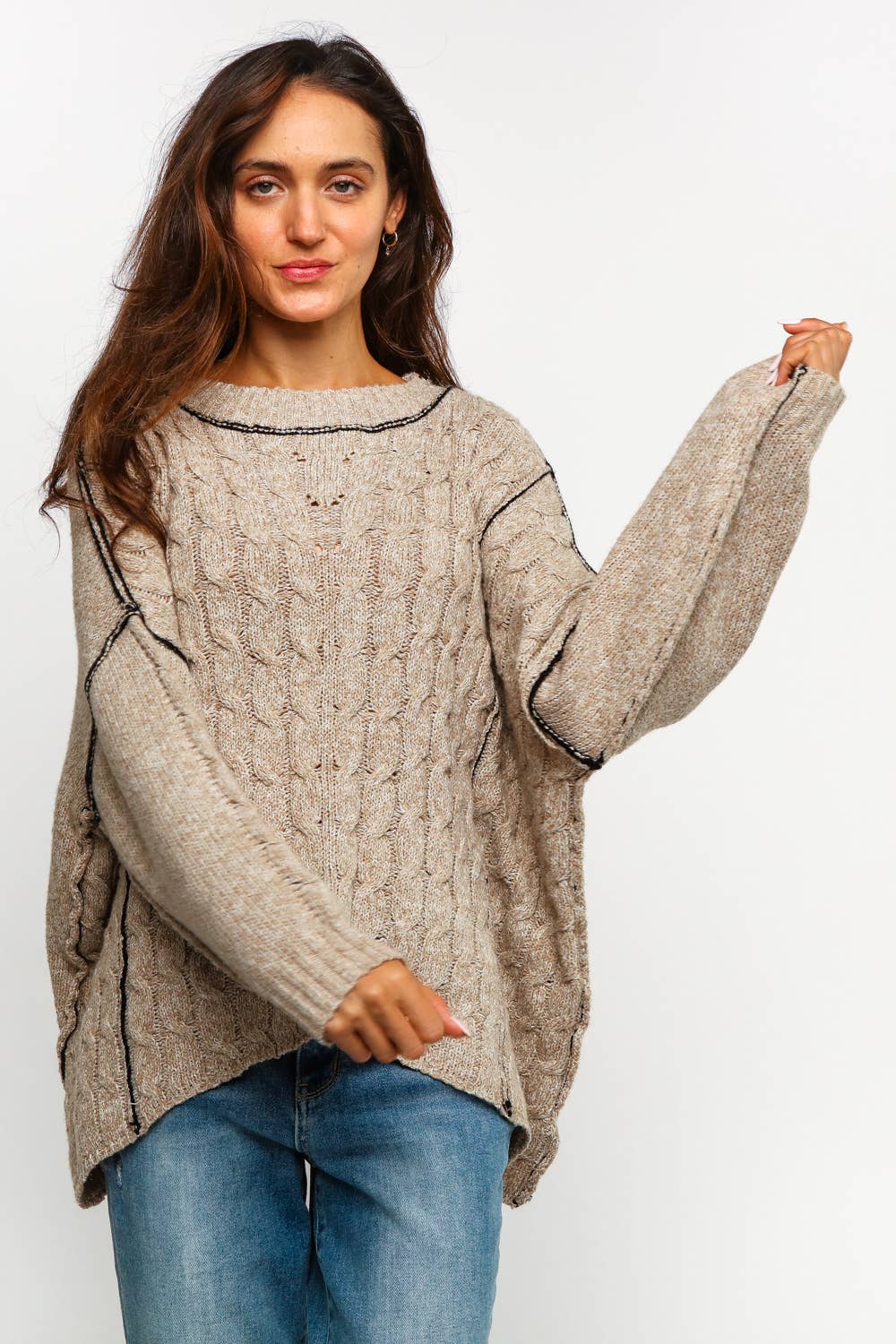 Lanie Color-Stitch Cable Knit Sweater – Oversized Round Neck Pullover | Northern Belle Boutique