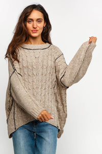 Lanie Color-Stitch Cable Knit Sweater – Oversized Round Neck Pullover | Northern Belle Boutique