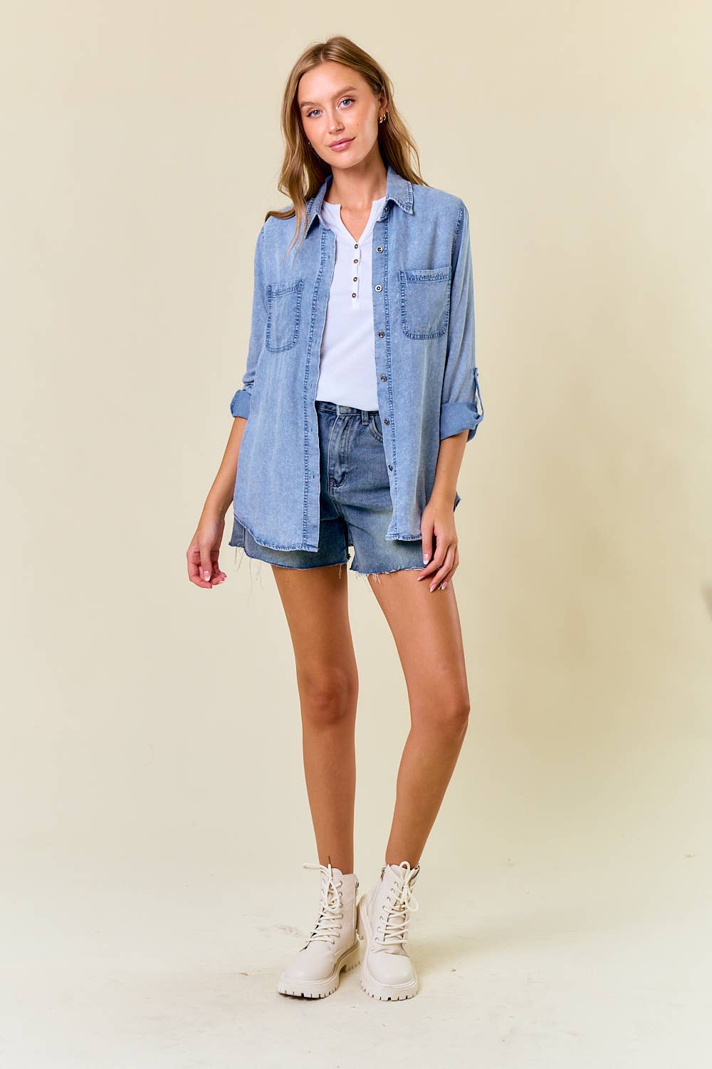 Willow Ridge Tencel Chambray Button Down Shirt: Light Wash – Soft Denim Utility Top for Women