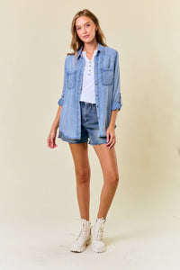 Willow Ridge Tencel Chambray Button Down Shirt: Light Wash – Soft Denim Utility Top for Women