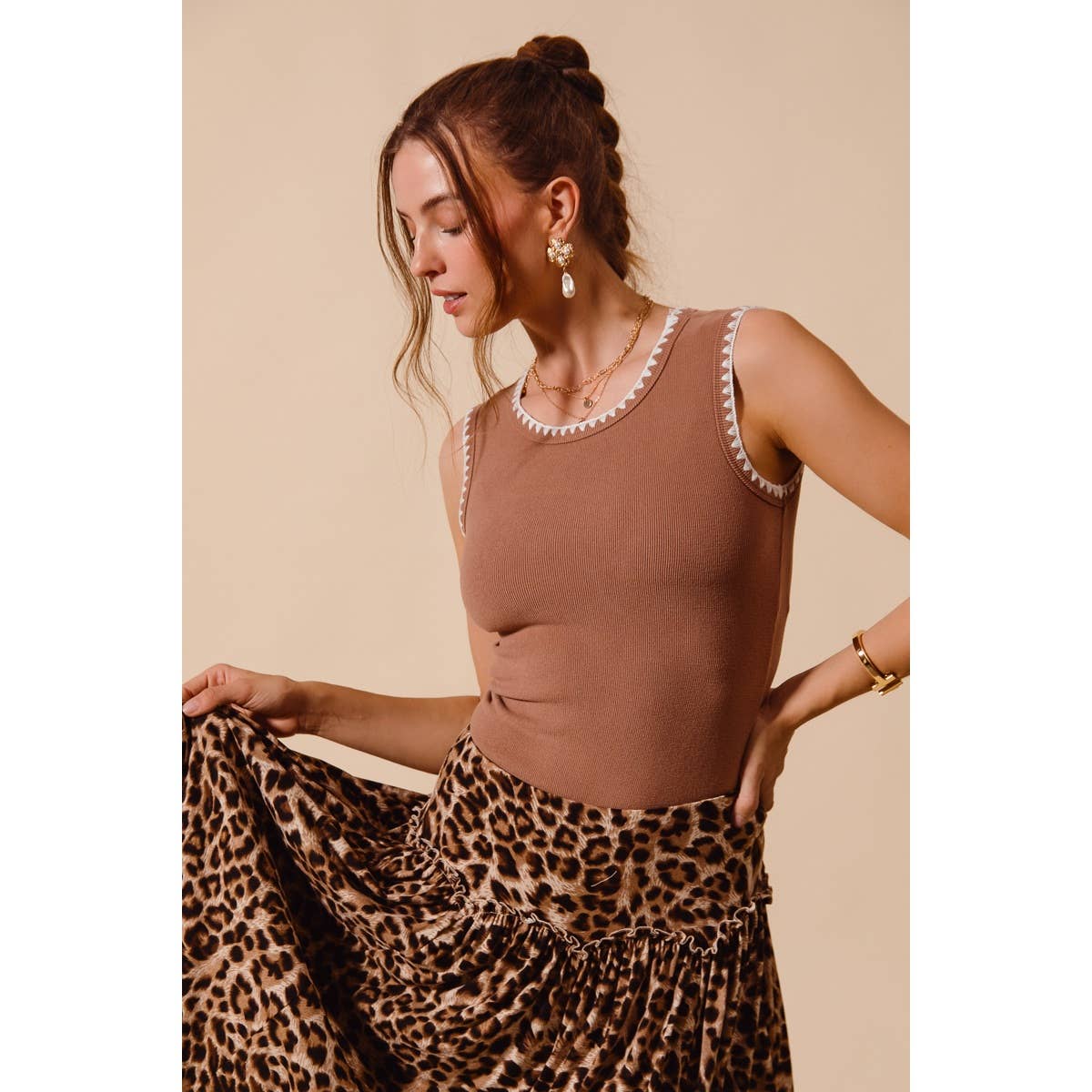 Avery Contrast Embroidered Ribbed Tank: Caramel