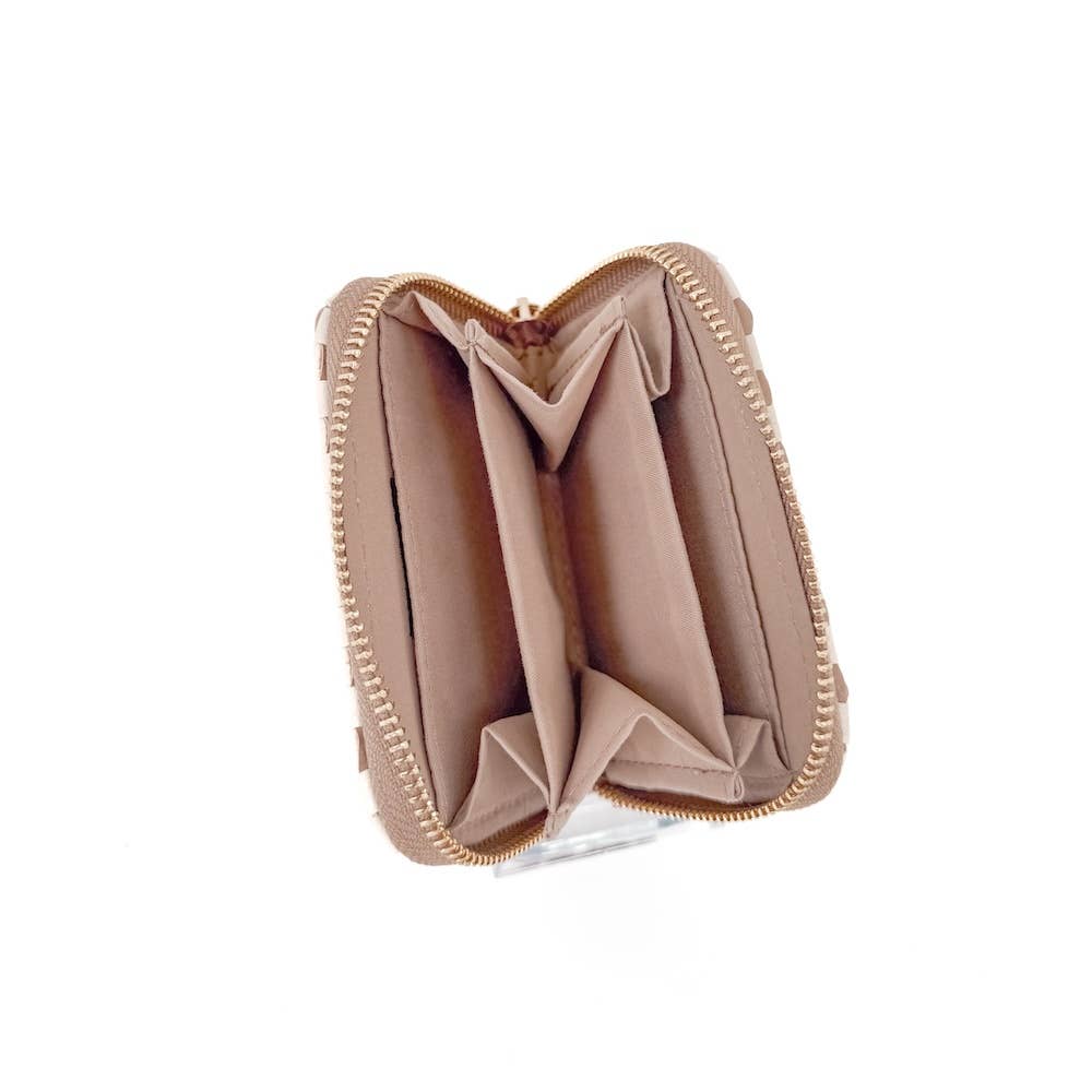 The Wynona Woven Wallet – Checkered Vegan Leather Compact Wallet: Black/Tan