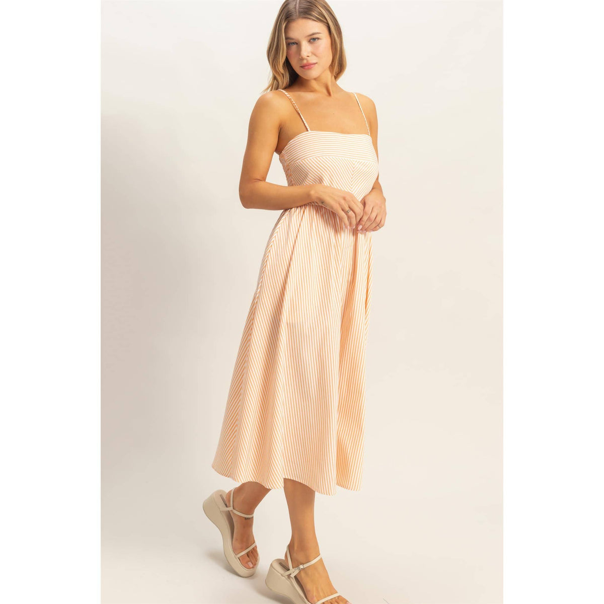 Striped Spaghetti Strap Dress: NAVY / S-M-L(2-2-2)