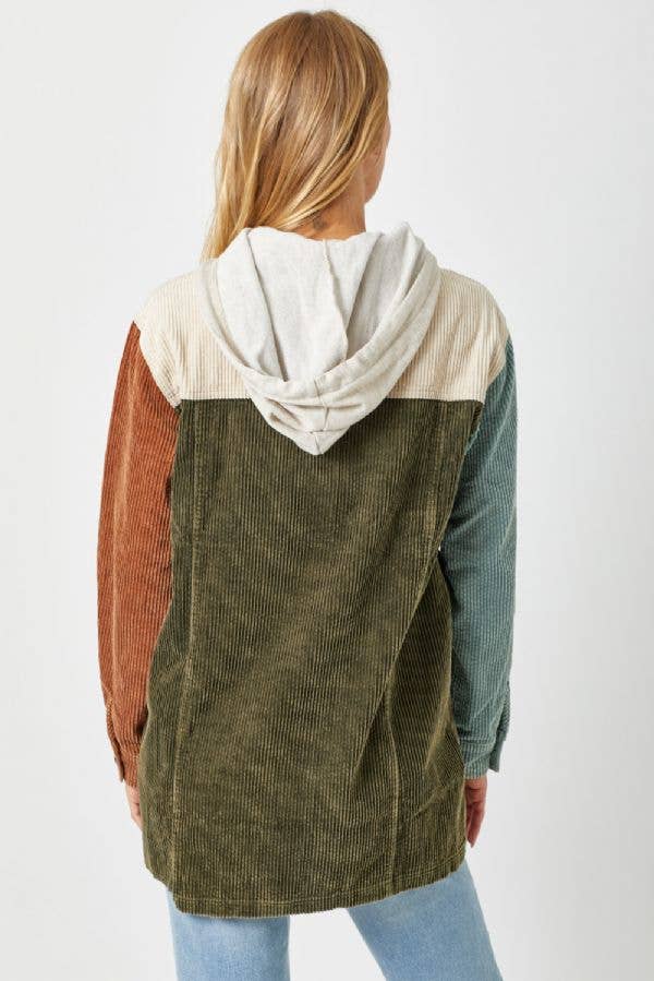 Sadie Color Block Corduroy Hoodie Shacket – Washed Button Down Hi-Low Hem