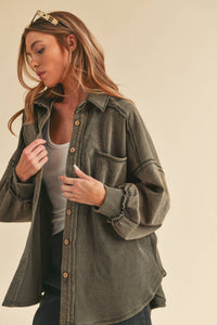 The Judie Mixed Media Vintage Wash Jacket : Charcoal – Relaxed Button Front Layering Shacket for Women