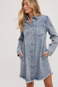 Billie Denim Distressed Long Sleeve Shirt Dress: Medium Wash