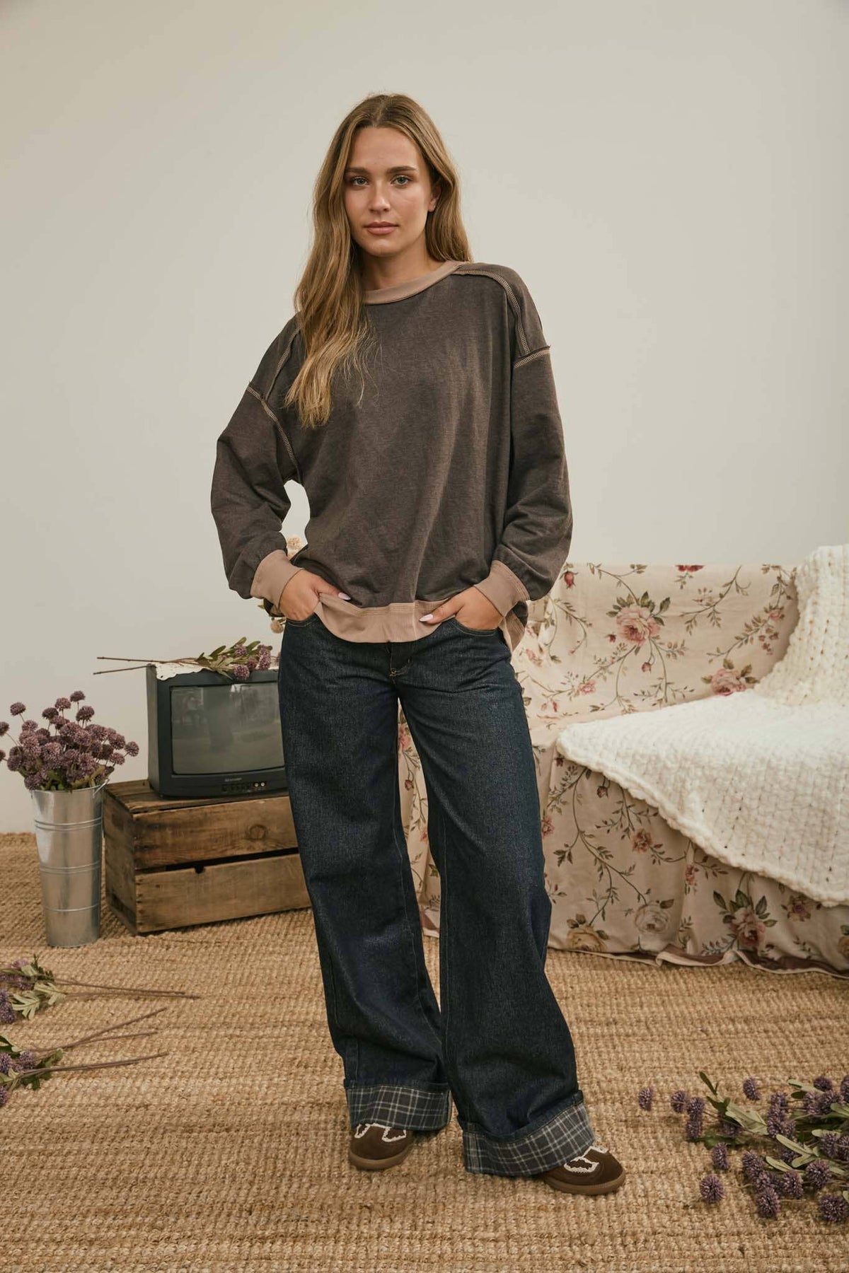 The Off Duty Contrast Knit Top: Chocolate Brown