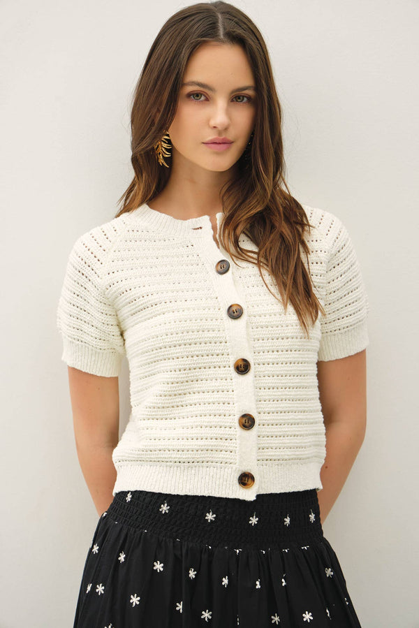The Maisy Textured Knit Cardigan – Puff Sleeve Cropped Button Down Sweater