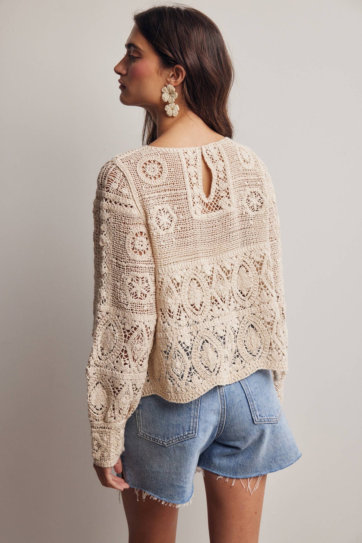 The Meadow Crochet Lace Long Sleeve Top: Ecru